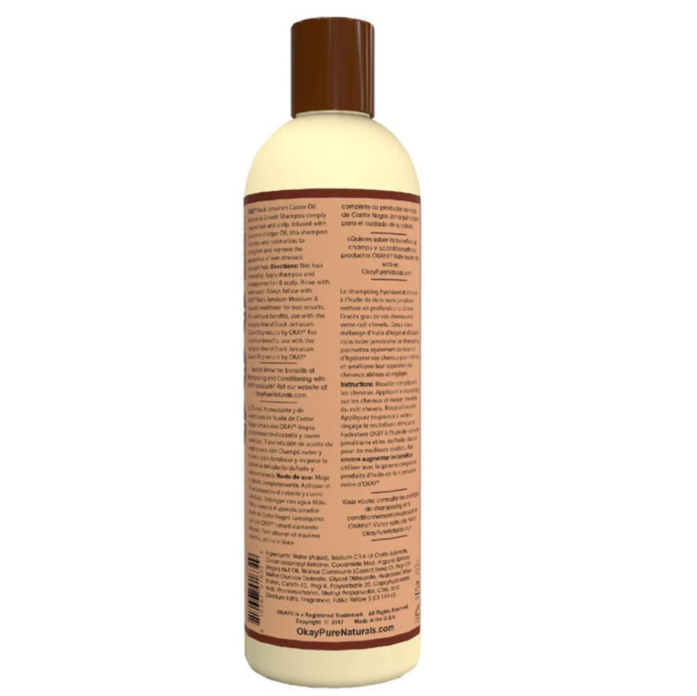 OKAY Shampoing Ricin Noir Jamaïcain – mousse généreuse facilitant le démêlage.