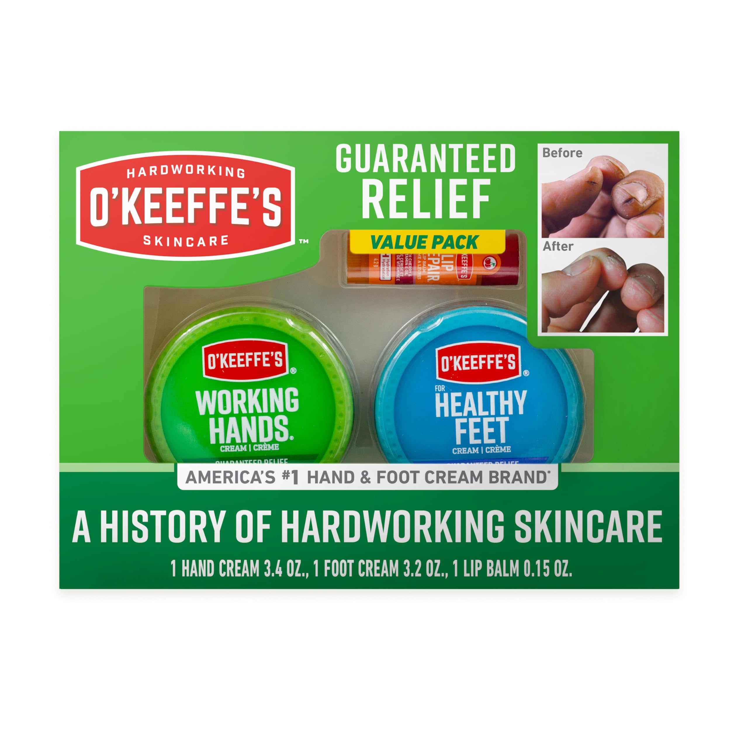 Coffret cadeau O'Keeffe's montrant le trio soin mains, pieds et lèvres pour hydratation rapide.