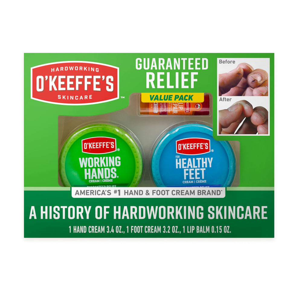 Coffret cadeau O'Keeffe's montrant le trio soin mains, pieds et lèvres pour hydratation rapide.