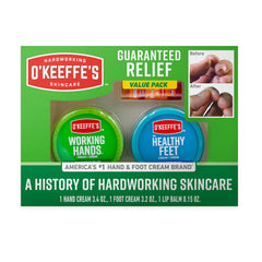 Coffret cadeau O'Keeffe's montrant le trio soin mains, pieds et lèvres pour hydratation rapide.