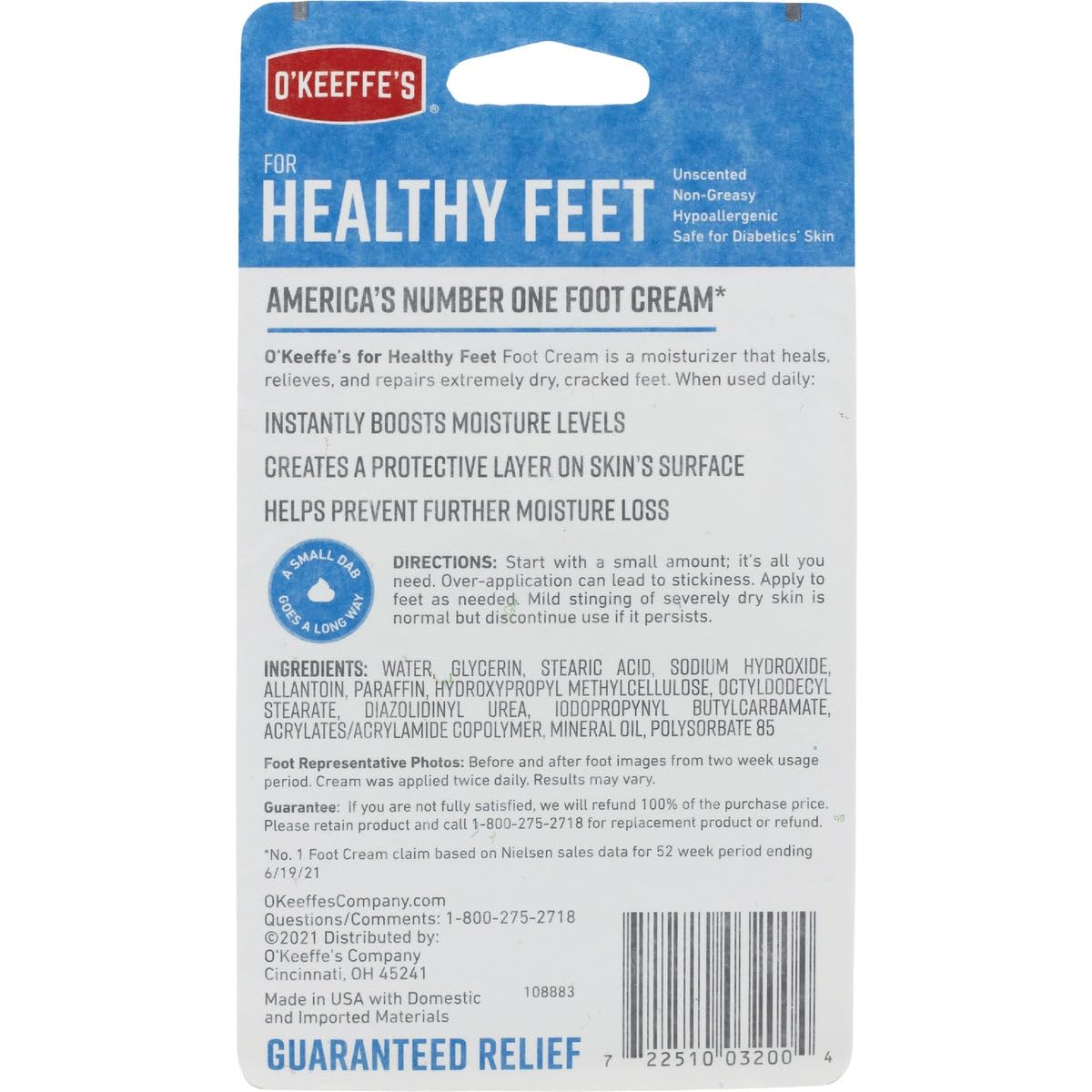 Absorption rapide de la crème pieds O'Keeffe's, fini non gras.