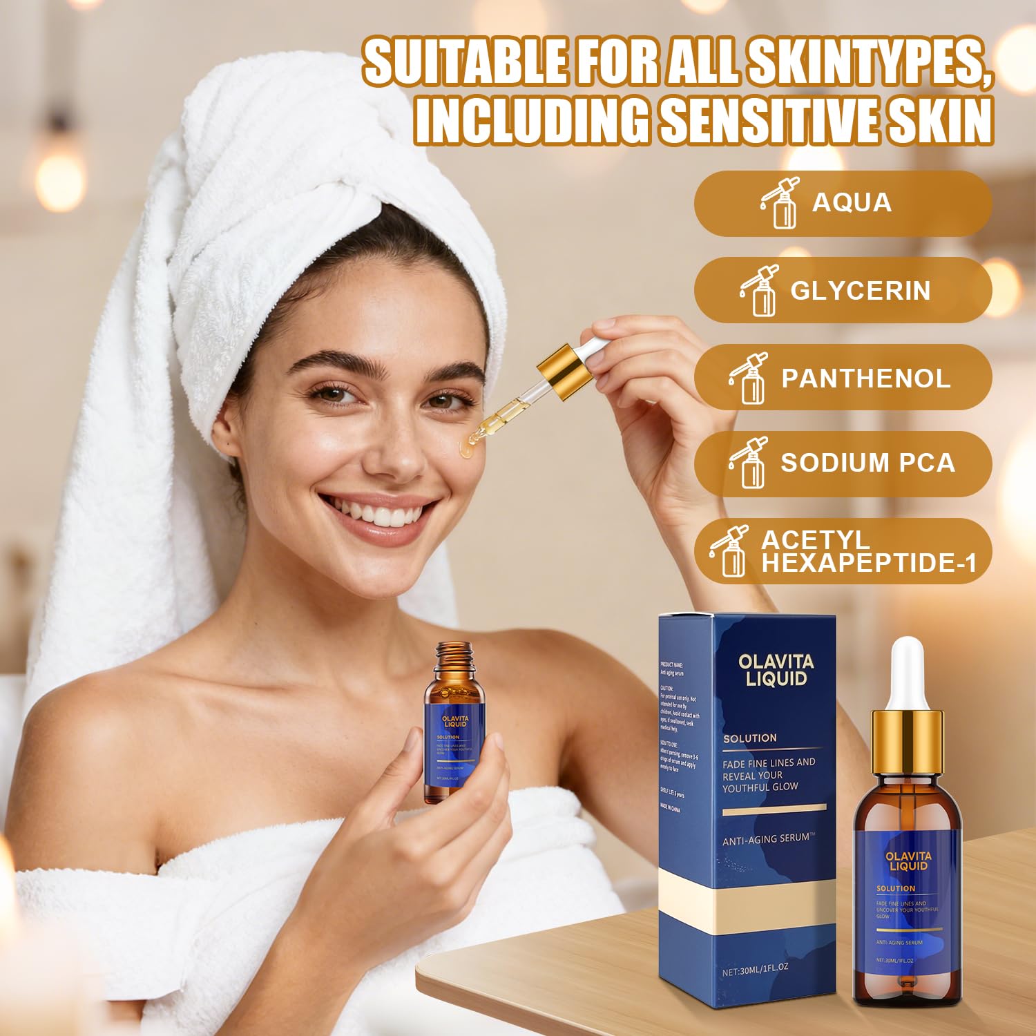 Olavita Liquid serum texture showing lightweight, hydrating formula ideal for all skin types