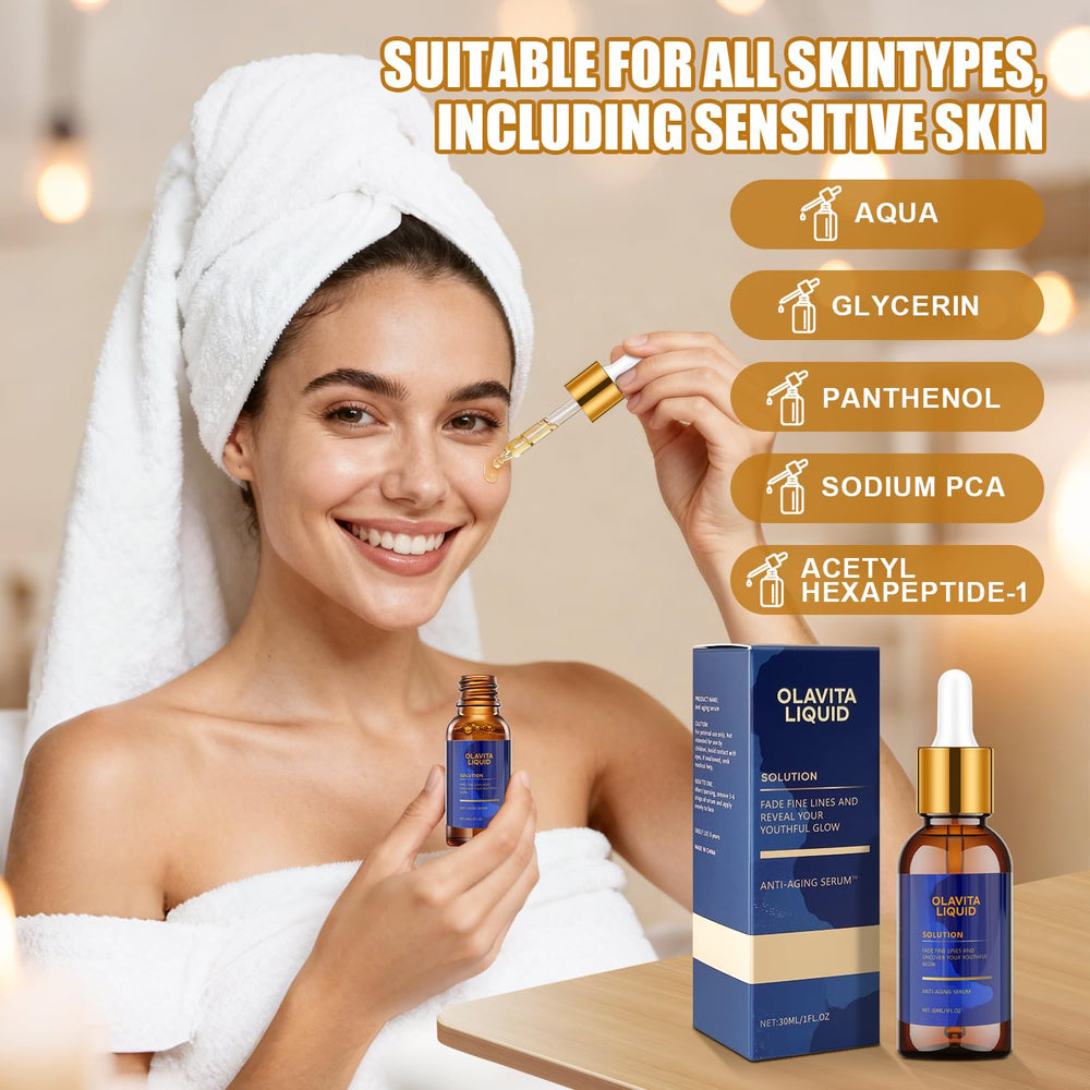 Olavita Liquid serum texture showing lightweight, hydrating formula ideal for all skin types
