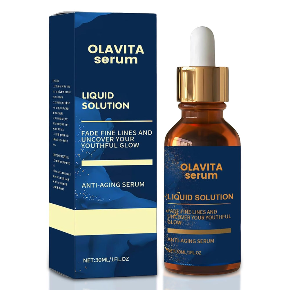 Olavita Serum bottle on white background for daily, easy skincare.