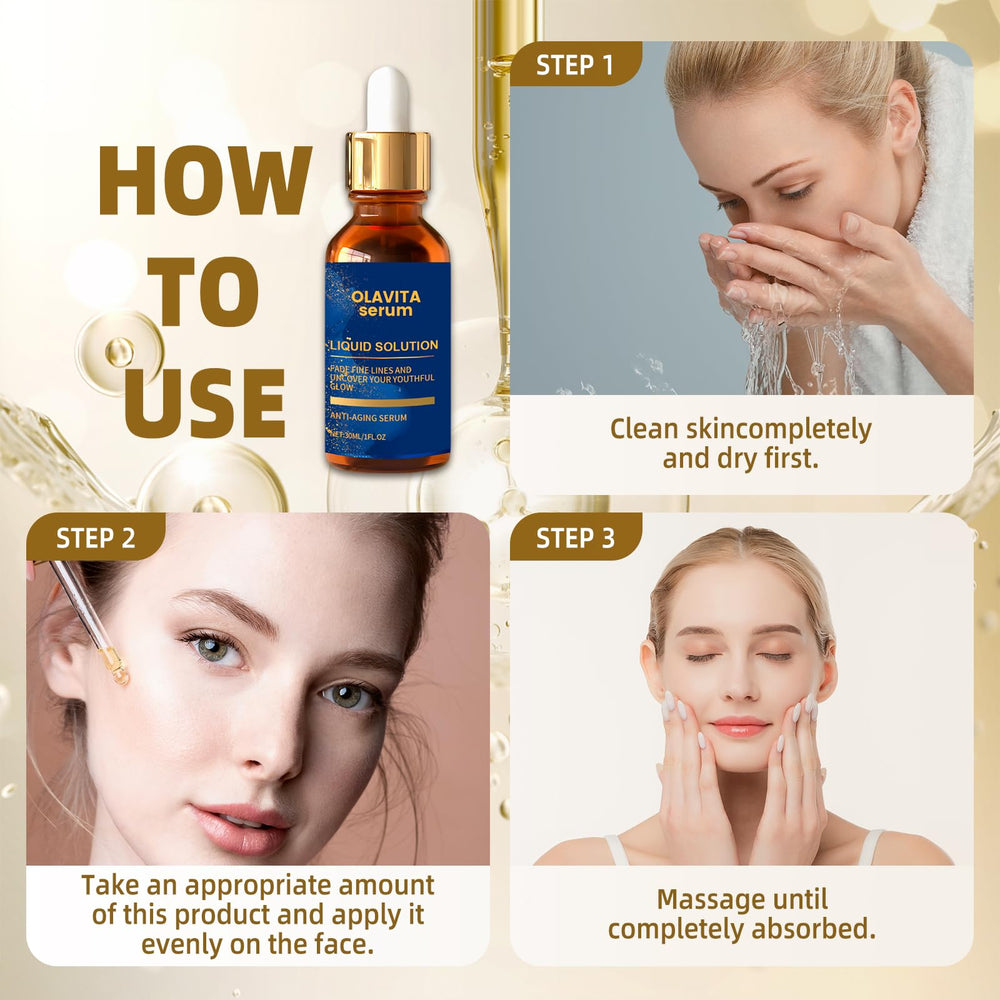 Model applying Olavita Serum to face and neck during routine.