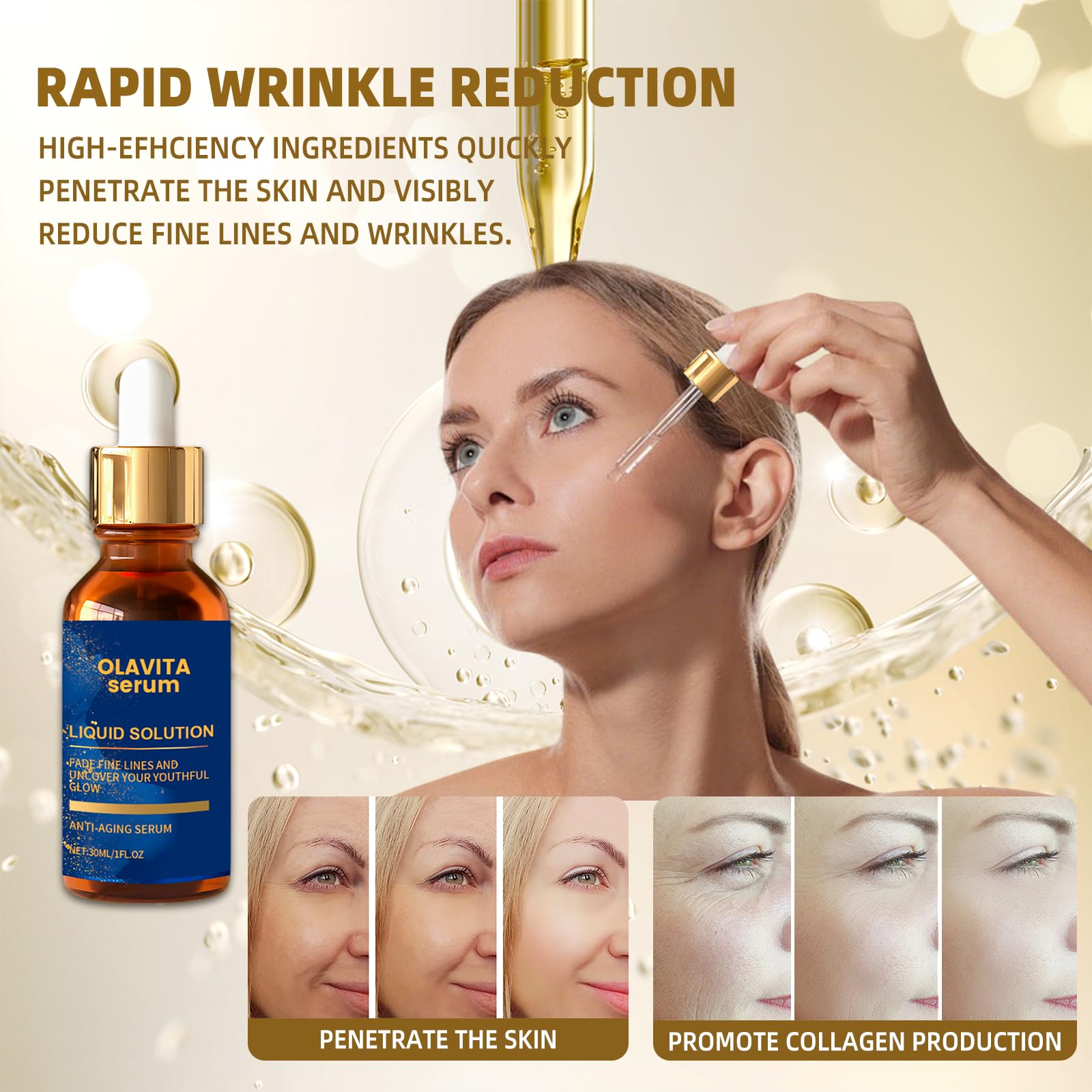 Olavita Serum natural extracts highlight vitamin C and E benefits.