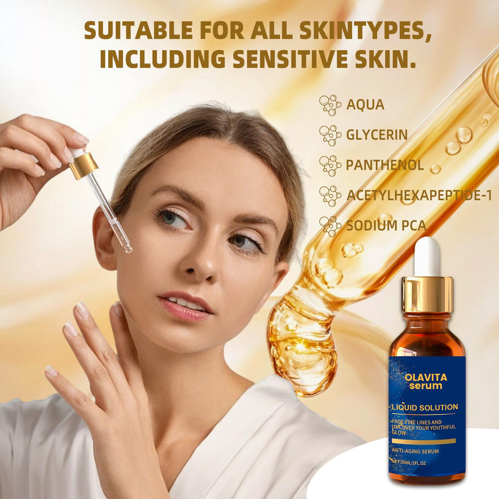 Olavita Serum texture close-up shows silky liquid for quick absorption.