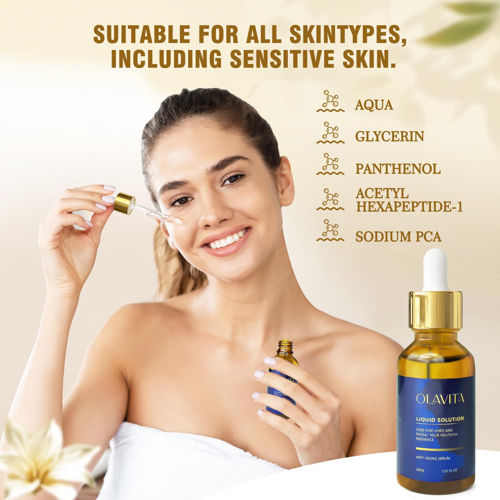 OLAVITA Sérum Visage vitamine C, goutte appliquée pour absorption ciblée.