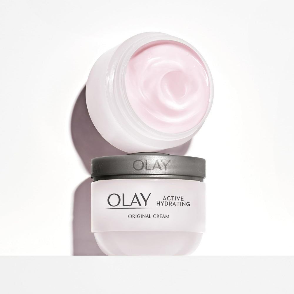 Olay Active Hydrating Cream packaging open inviting healthy skin
