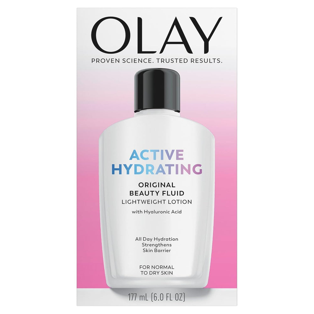 OLAY Active Hydrating Fluid Lotion Original, flacon hydratant et absorption rapide.