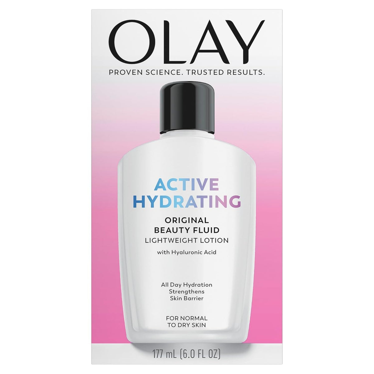OLAY Active Hydrating Fluid Lotion Original, flacon hydratant et absorption rapide.