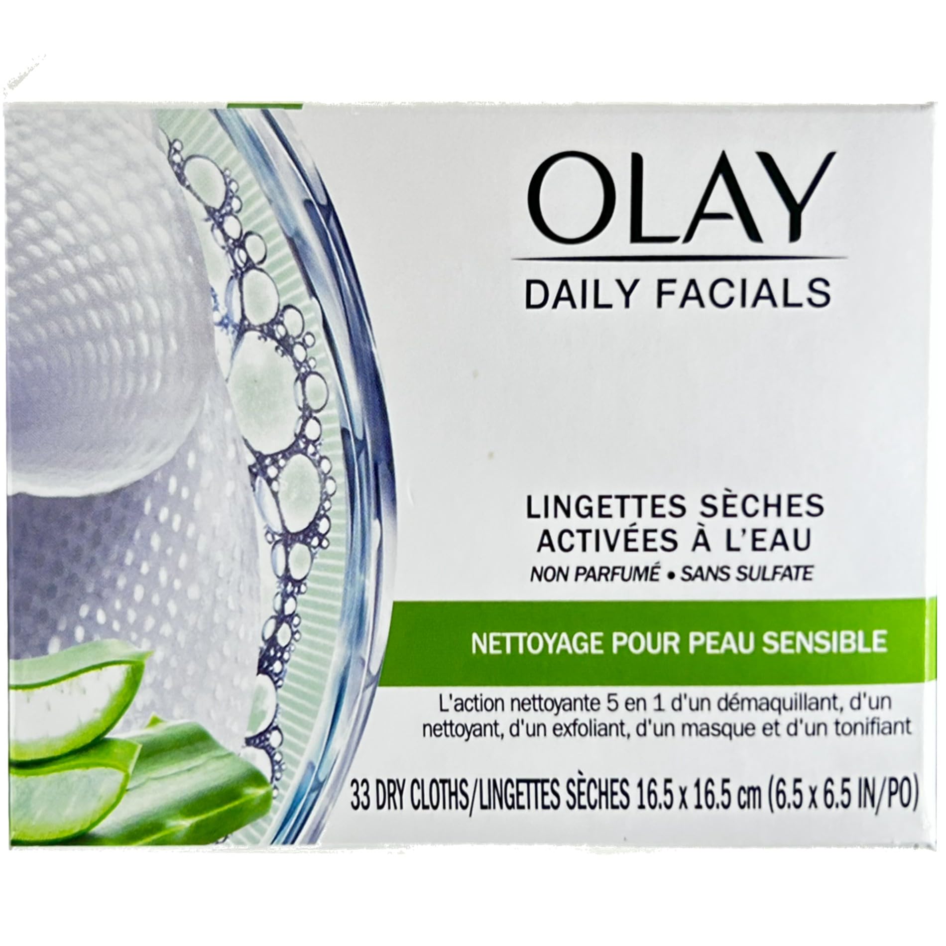 OLAY Daily Gentle Clean bénéfice 5-en-1: nettoie, tonifie, exfolie, hydrate et démaquille.