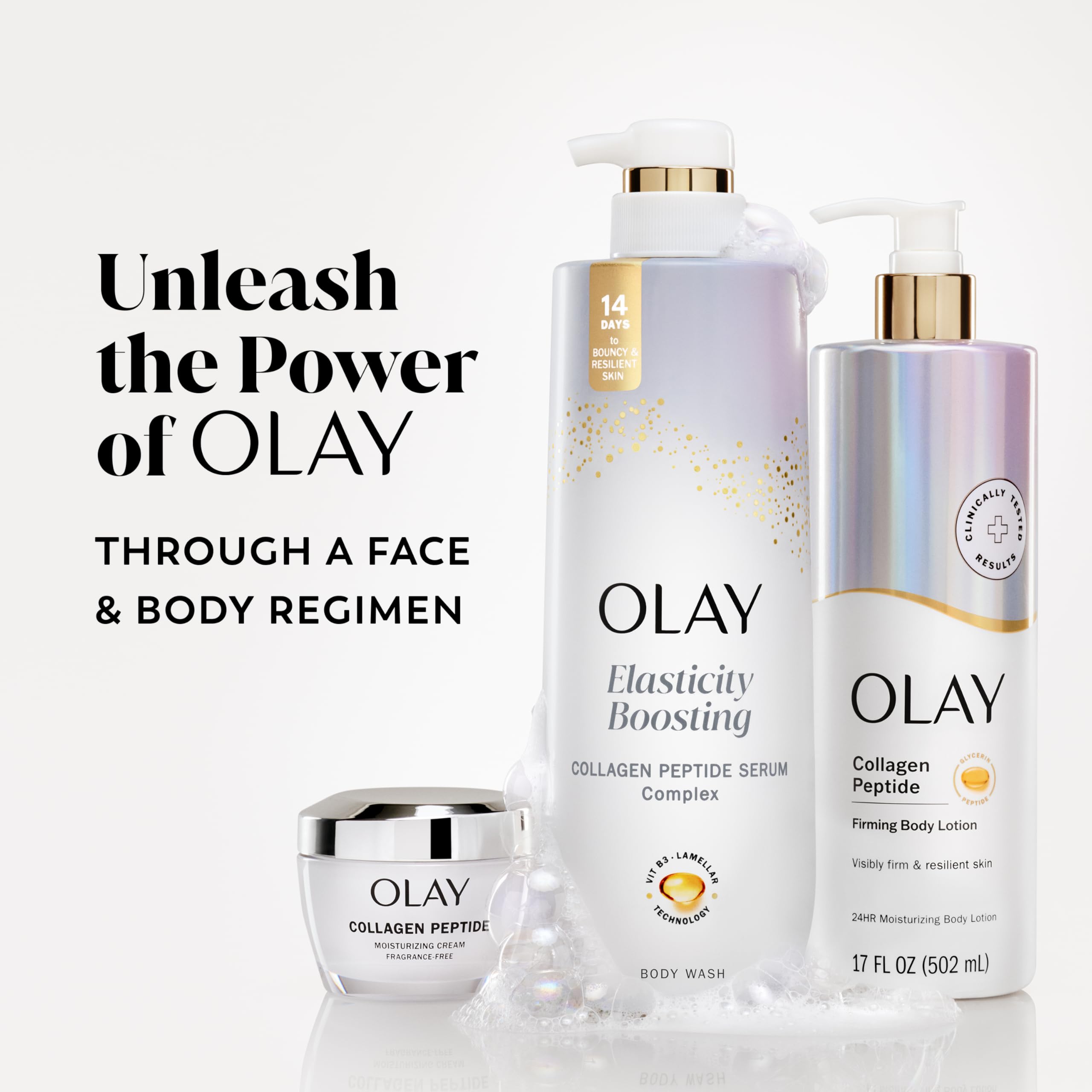 Elasticité visuelle améliorée après 14 jours avec Olay Douche Corps.