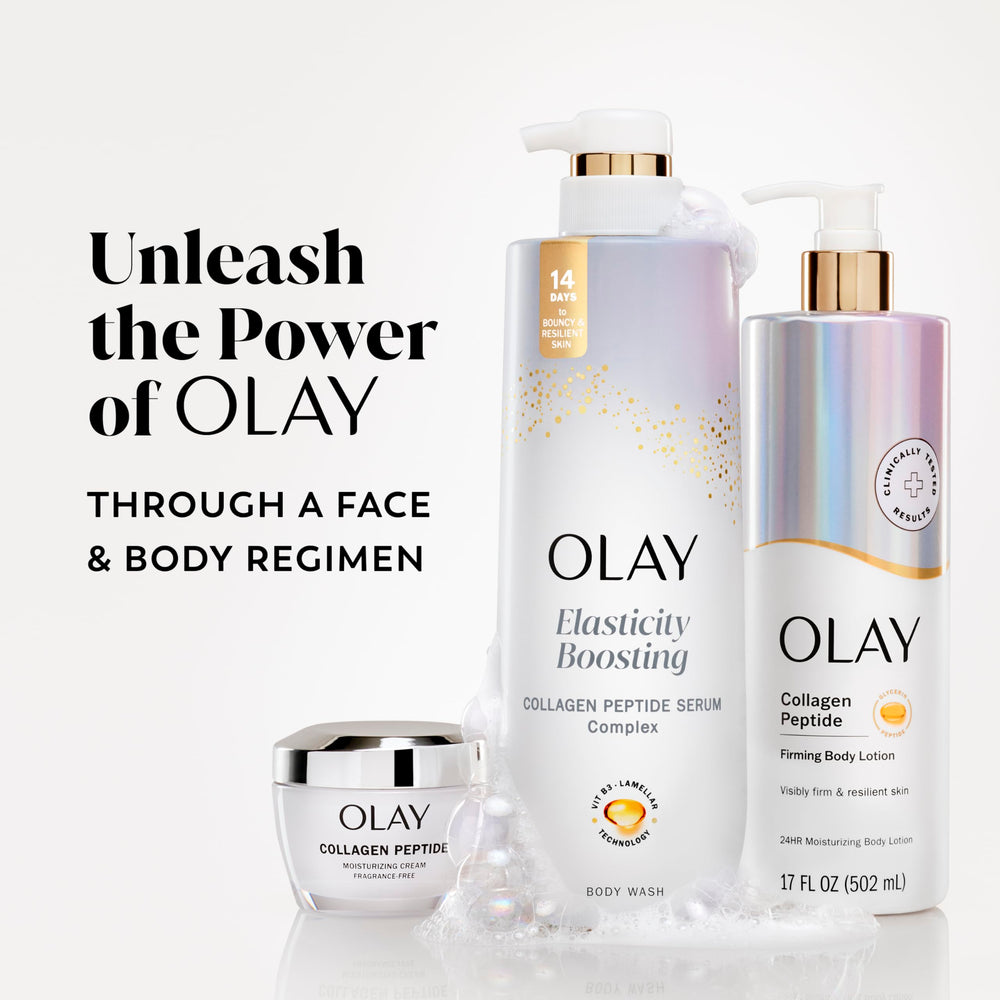 Elasticité visuelle améliorée après 14 jours avec Olay Douche Corps.