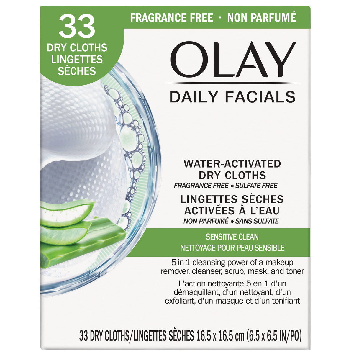 Lingettes Olay 4-en-1 sensibles, nettoyage doux quotidien pour peaux sensibles.