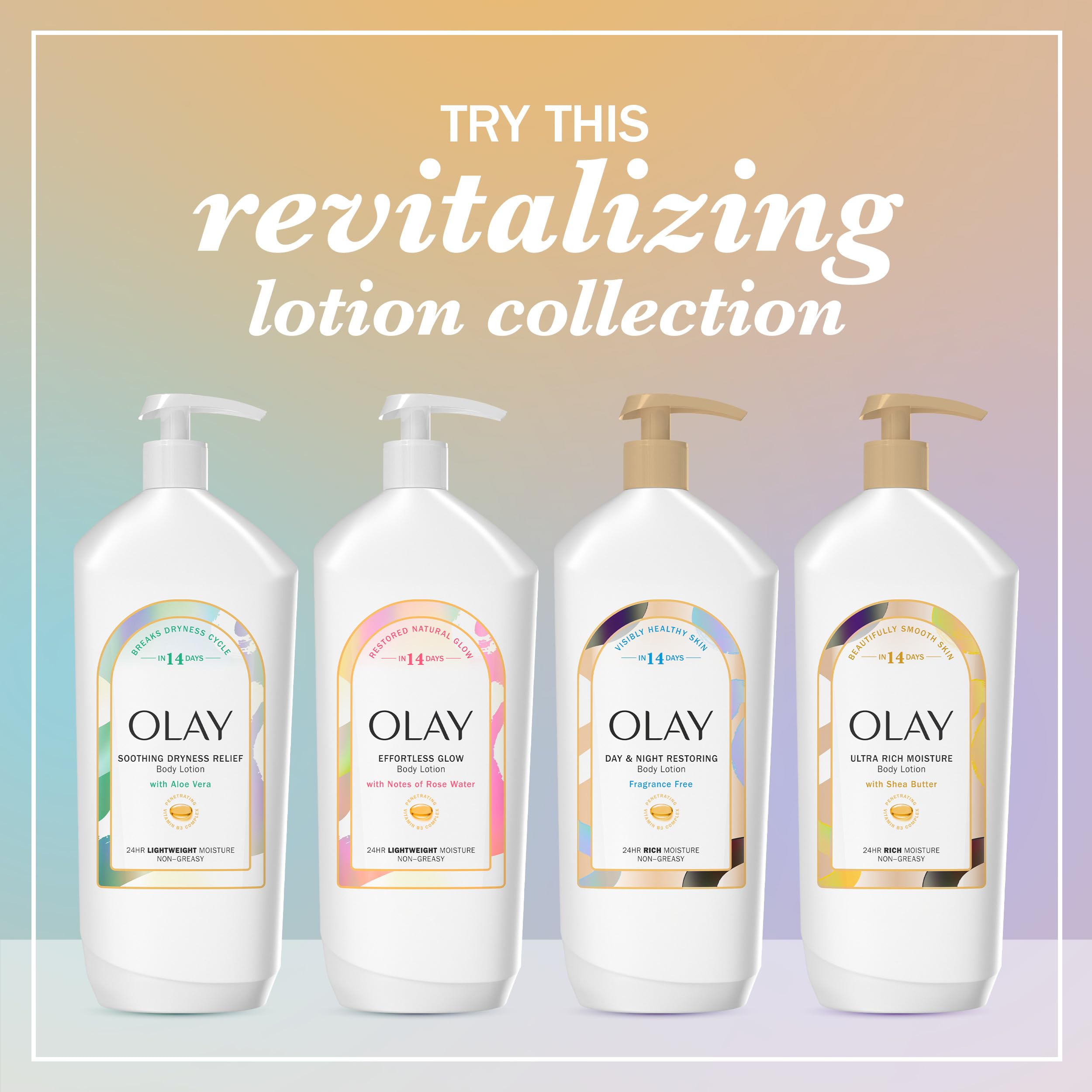 Sans parfum, lotion Olay adaptée aux peaux sensibles.