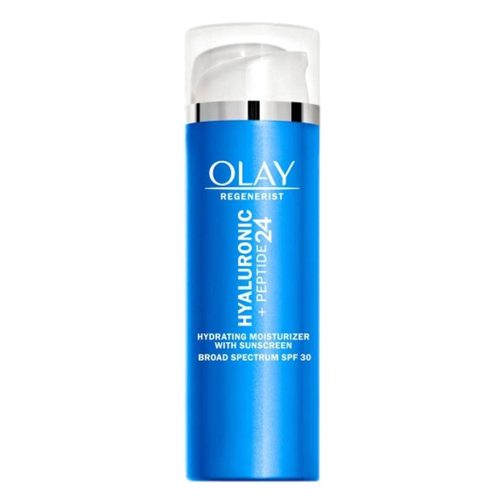 Olay Regenerist Hyaluronic + Peptide 24, crème visage SPF 30, hydratation durable et protection solaire.