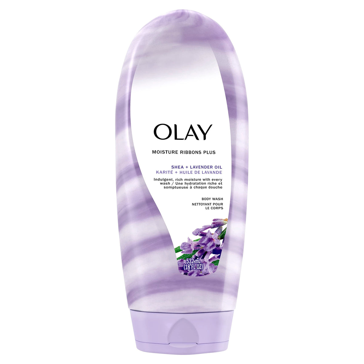 Olay Moisture Ribbons Plus Shea Lavande - bouteille élégante pour hydratation durable.