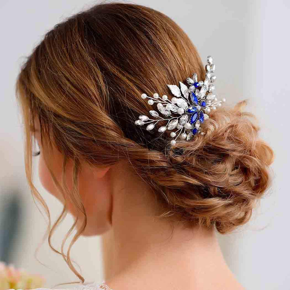 Olbye peigne mariée bleu strass argent: maintien discret dans toutes les coiffures