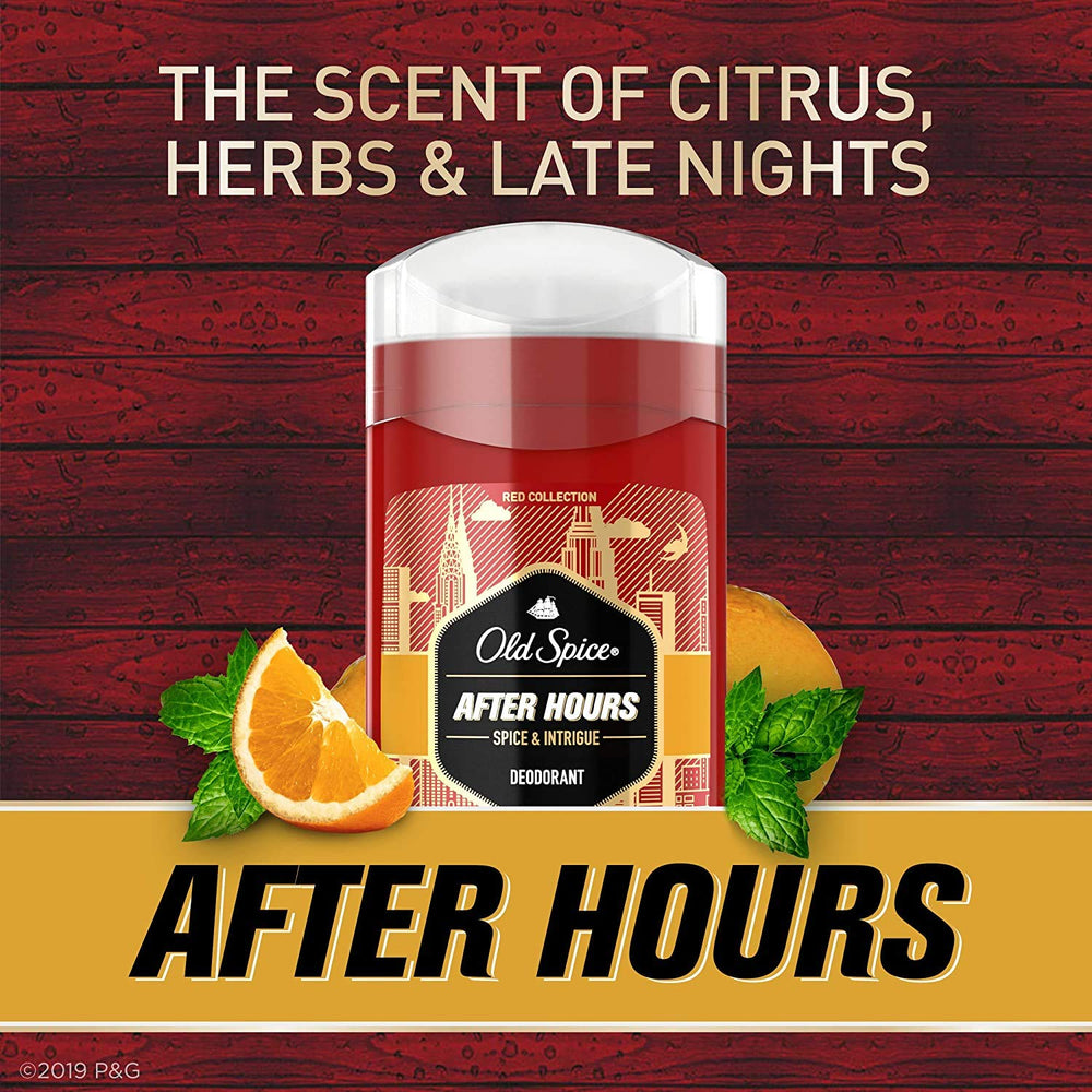 Old Spice Après-Heures Déodorant, bouton facile à actionner et utilisation simple.