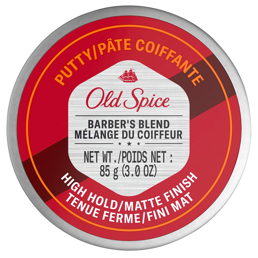 Visuel du pot Old Spice Barber's Blend Putty montrant une tenue haute.