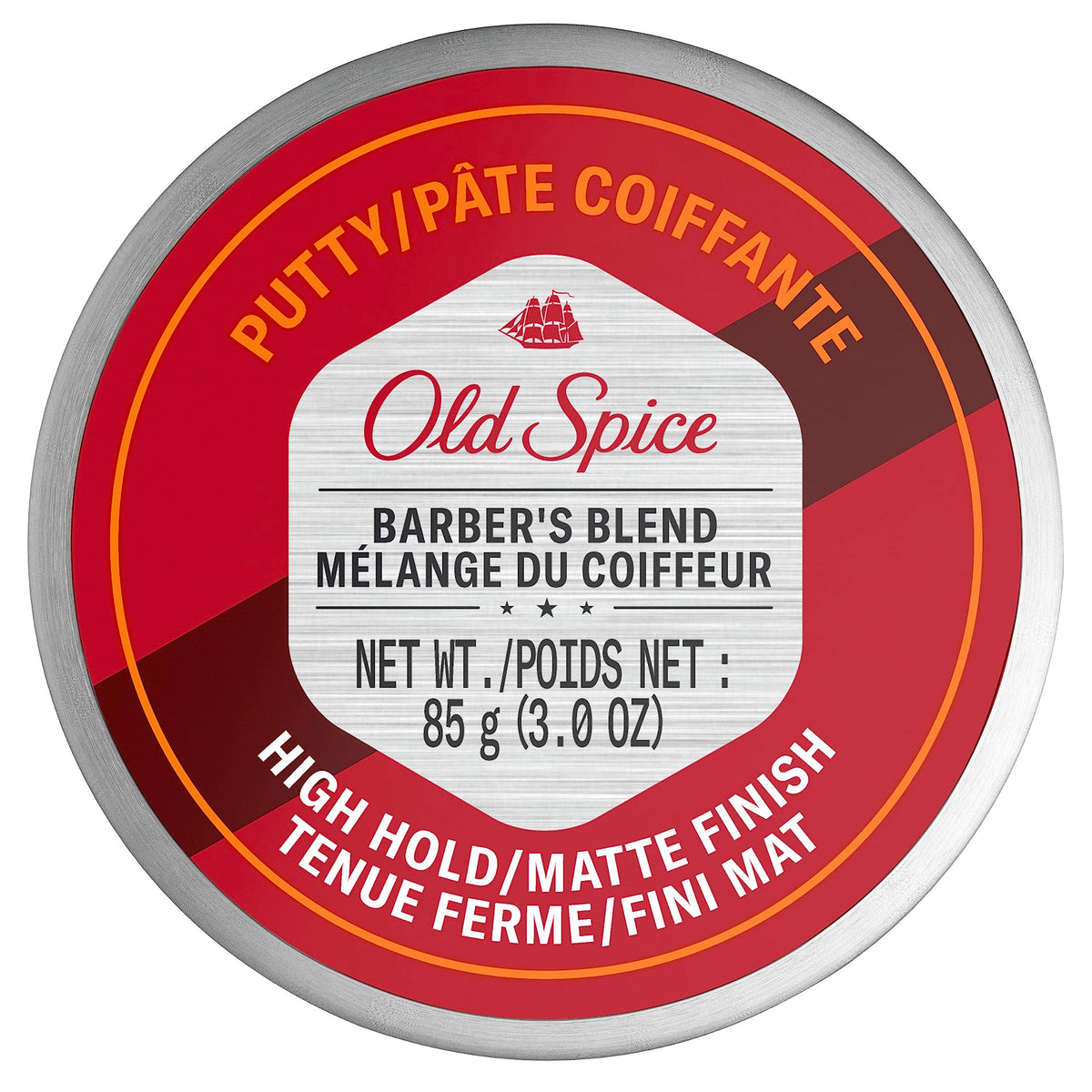 Visuel du pot Old Spice Barber's Blend Putty montrant une tenue haute.
