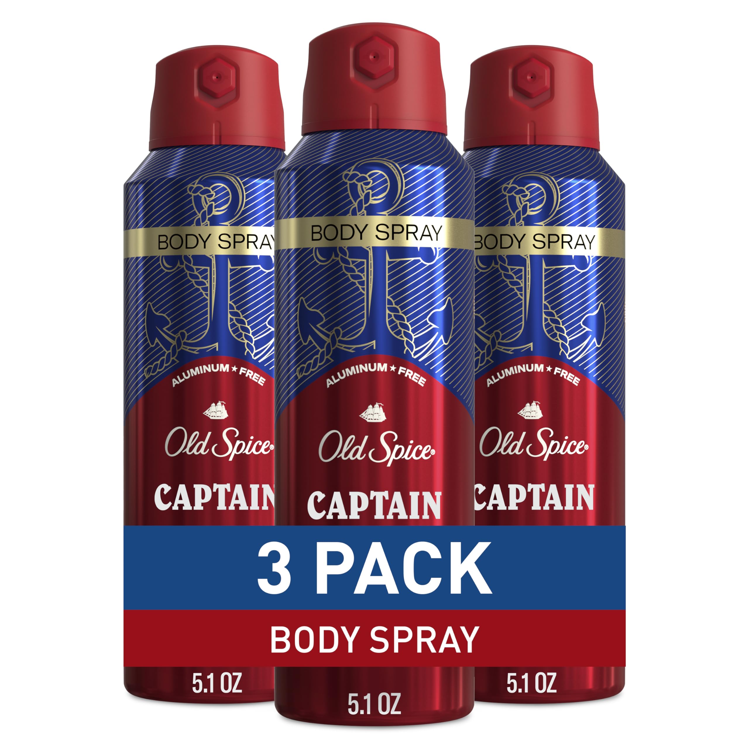 Old Spice Captain emballage spray-corps, parfum frais et tenue durable toute la journée.