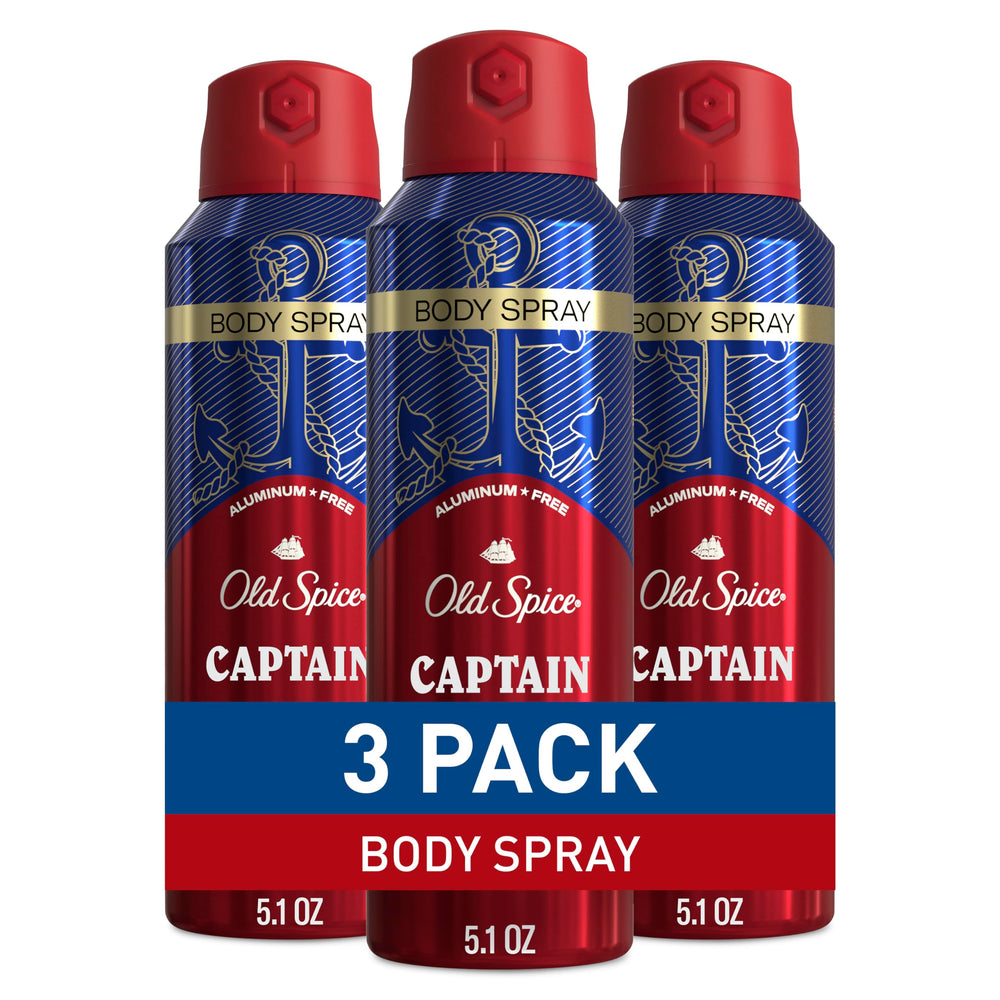 Old Spice Captain emballage spray-corps, parfum frais et tenue durable toute la journée.