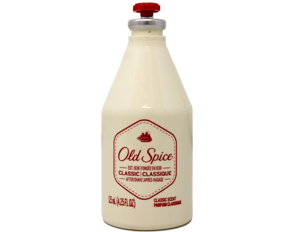 Old Spice Classic après-rasage, bouchon ouvert pour une application directe et contrôlée.