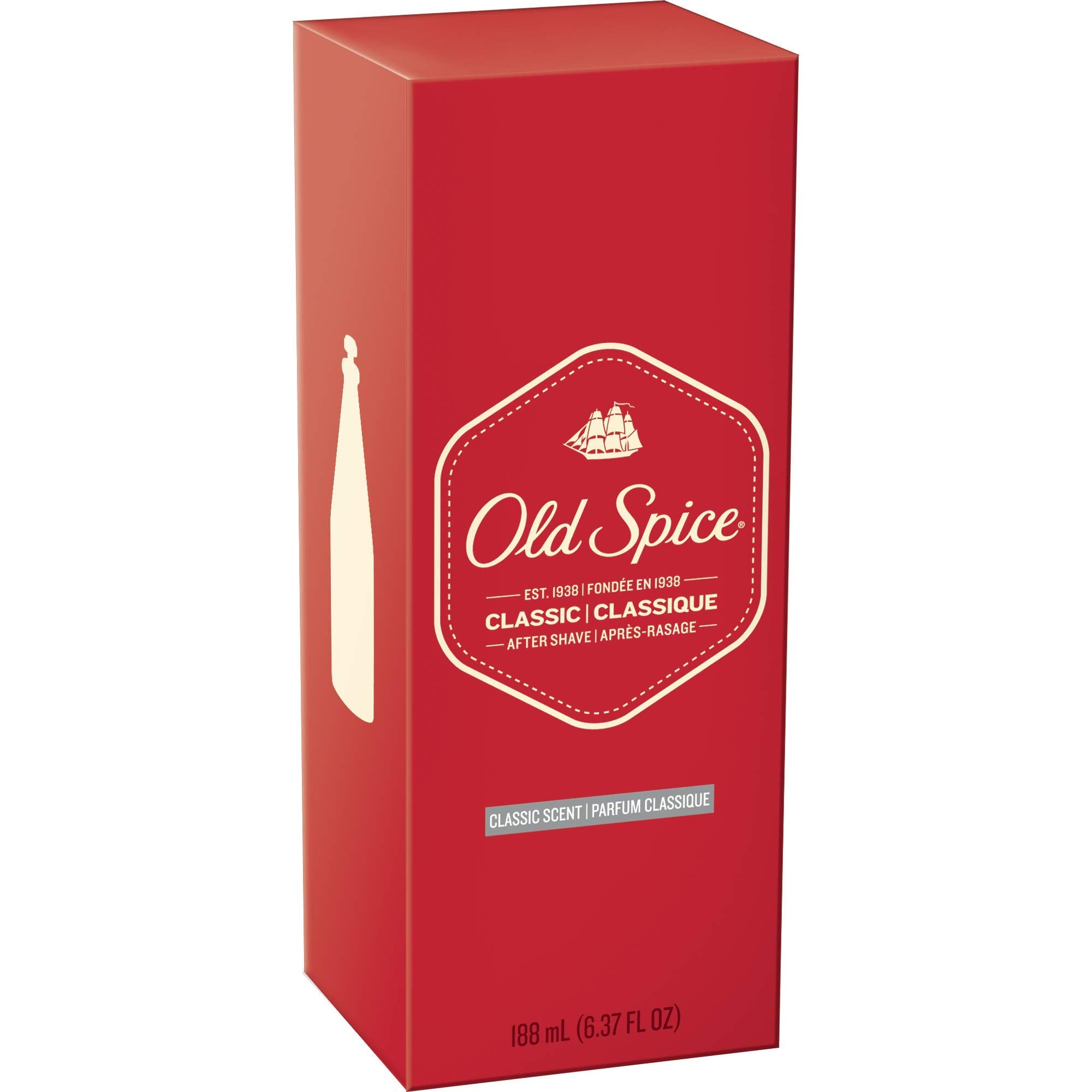 Old Spice Classic Après-Rasage - flacon en détail avec couleur et texture visibles.