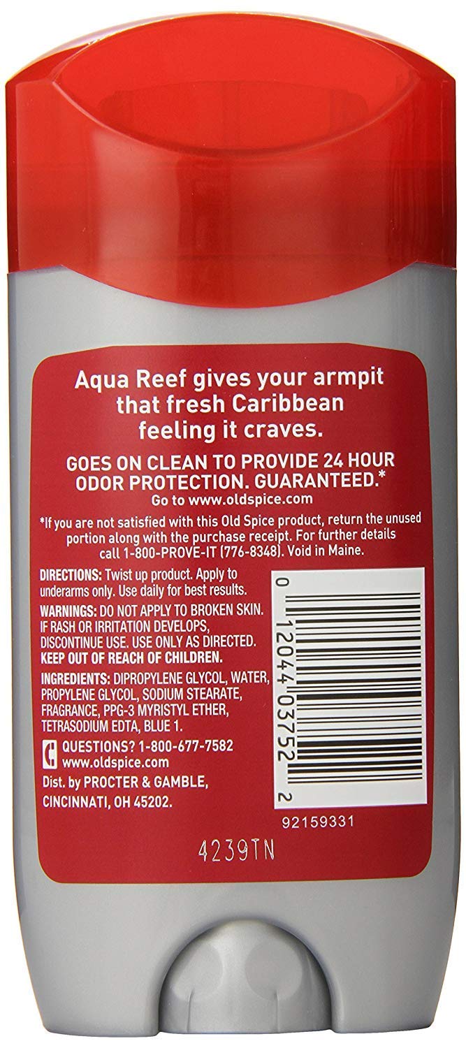 Old Spice Aqua Reef étiquette du produit, vue claire et emballage pratique.