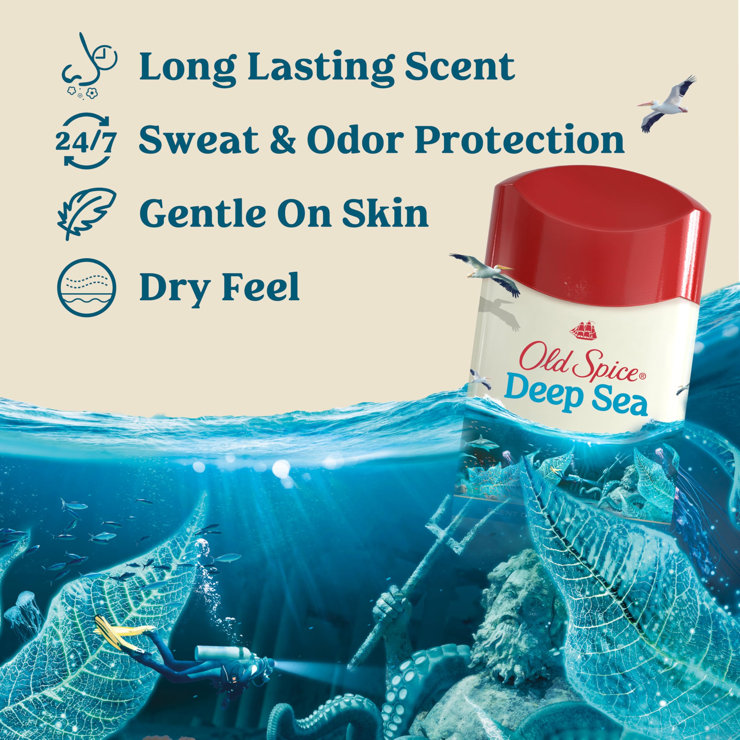 Old Spice Dry Feel senteur océan vagues et varech pour une sensation rafraîchissante.