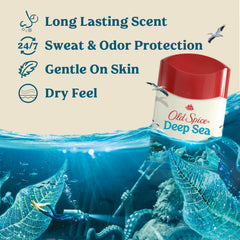 Old Spice Dry Feel senteur océan vagues et varech pour une sensation rafraîchissante.