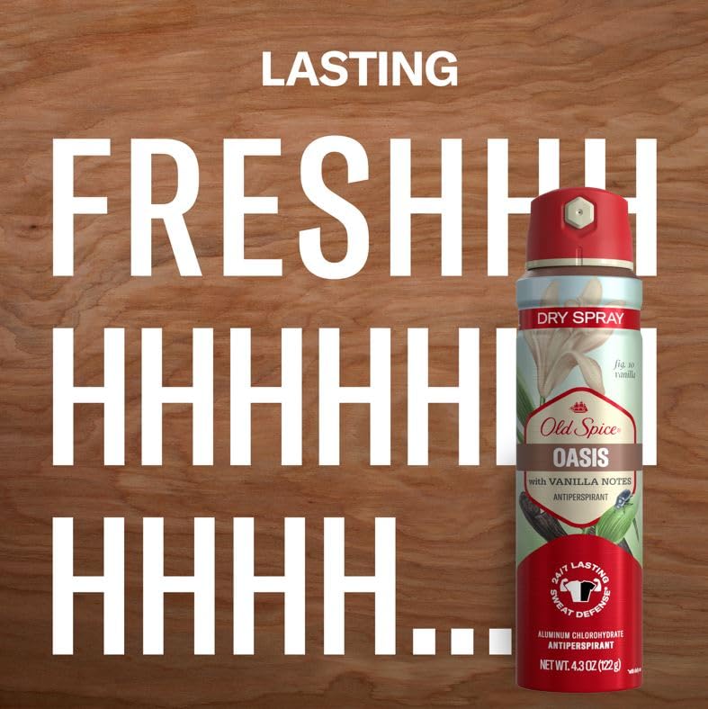 Parfum Oasis vanille d'Old Spice Dry Spray pour une sensation douce.