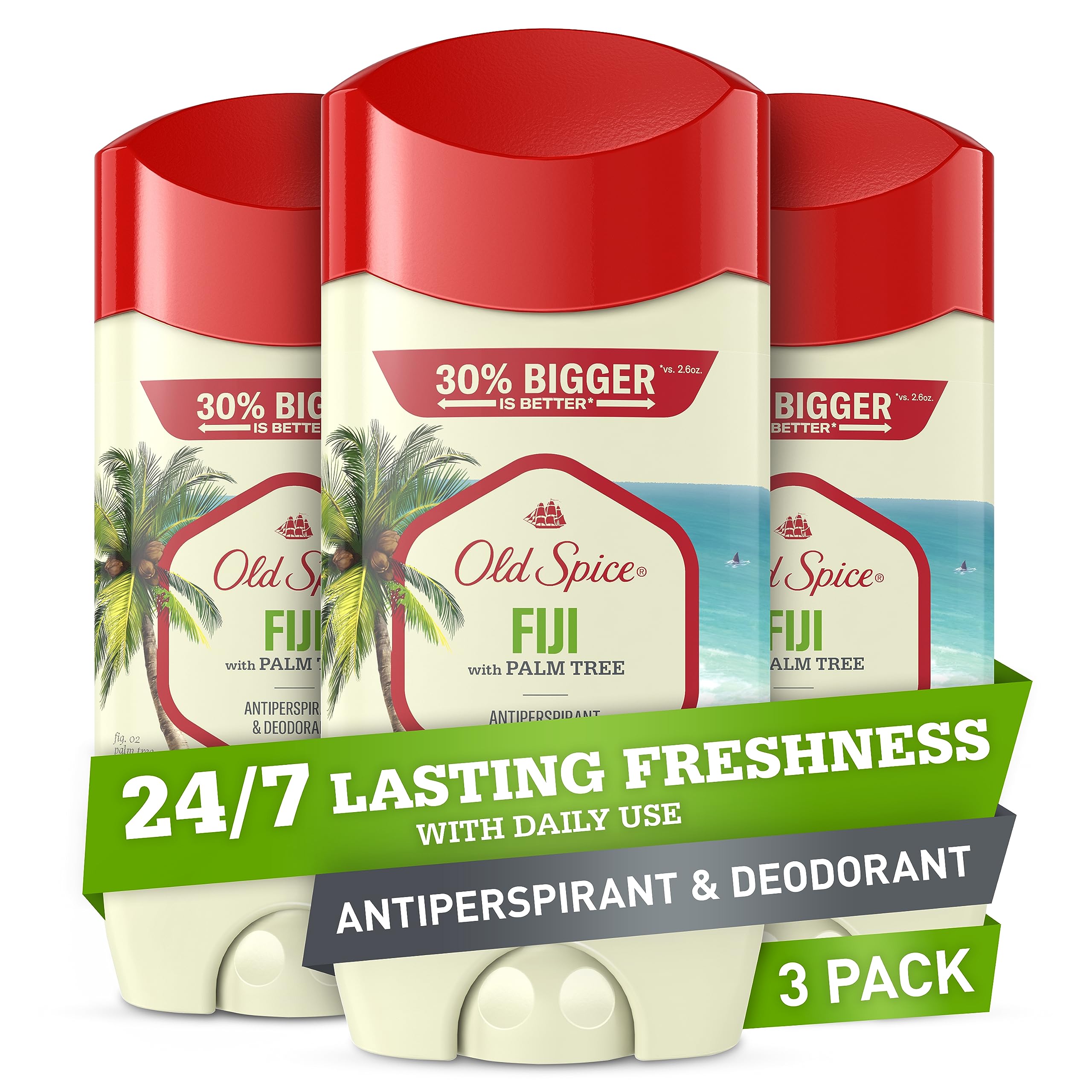 Old Spice Fiji, bouteille, senteur palmier fraîche et durable.