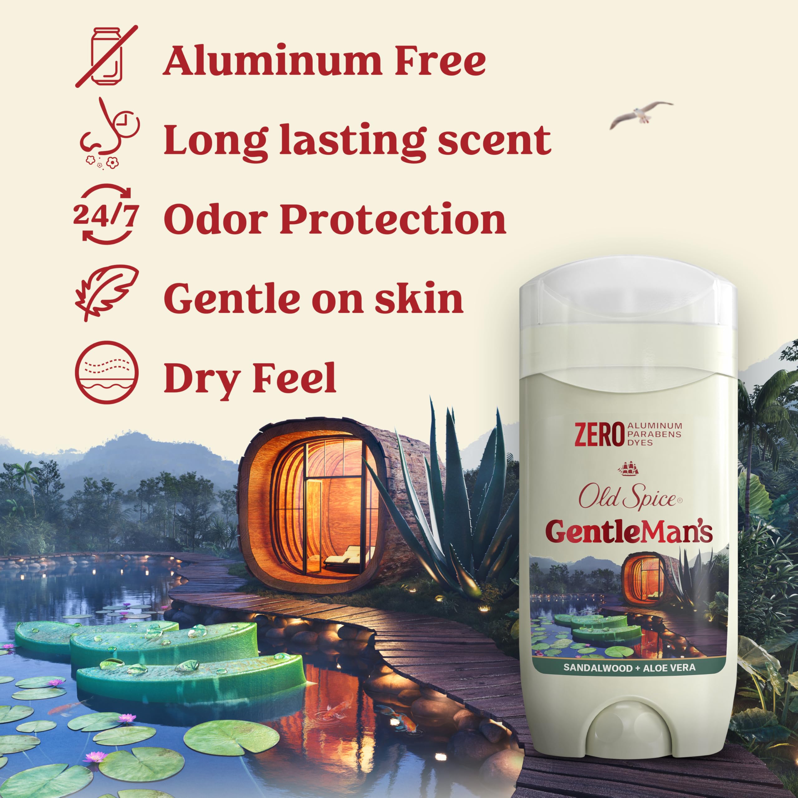 Old Spice Gentleman's Blend, etiquette sans aluminium, soin doux pour la peau à l'application.