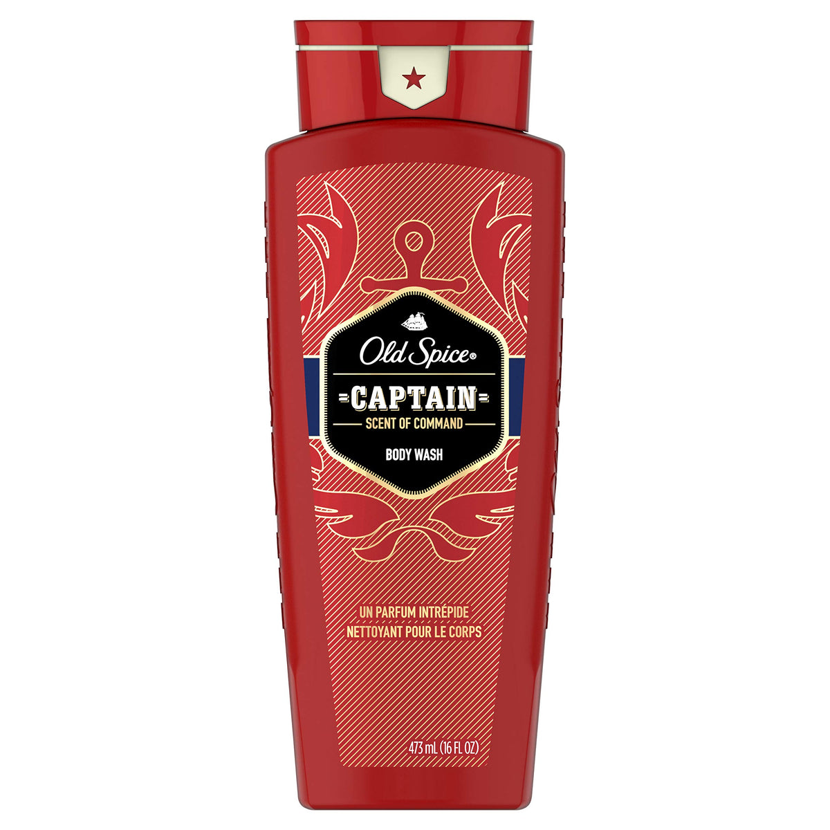 Old Spice Capitaine gel douche, bouteille en premier plan, parfum boisé et frais