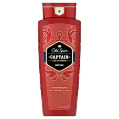 Old Spice Capitaine gel douche, bouteille en premier plan, parfum boisé et frais