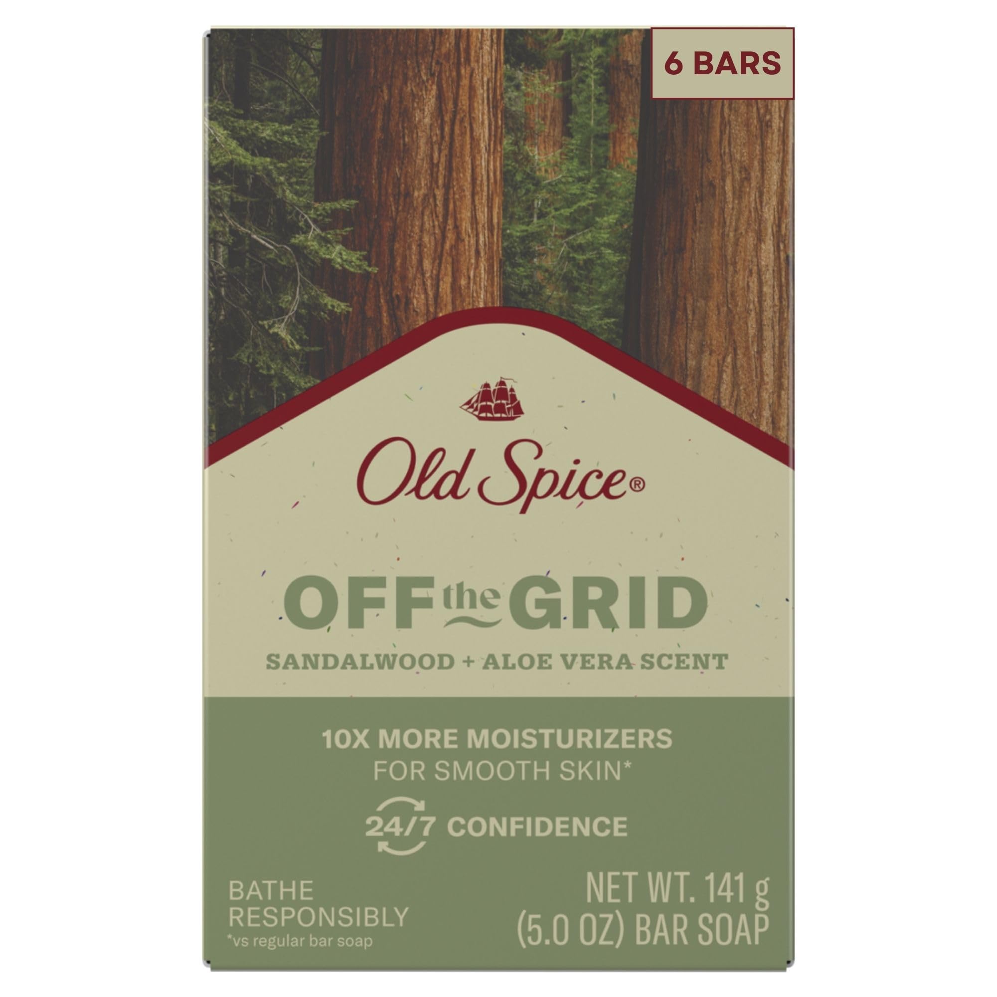 Old Spice Savon-barre Off the Grid emballage: nettoyage durable et fraîcheur boisée.