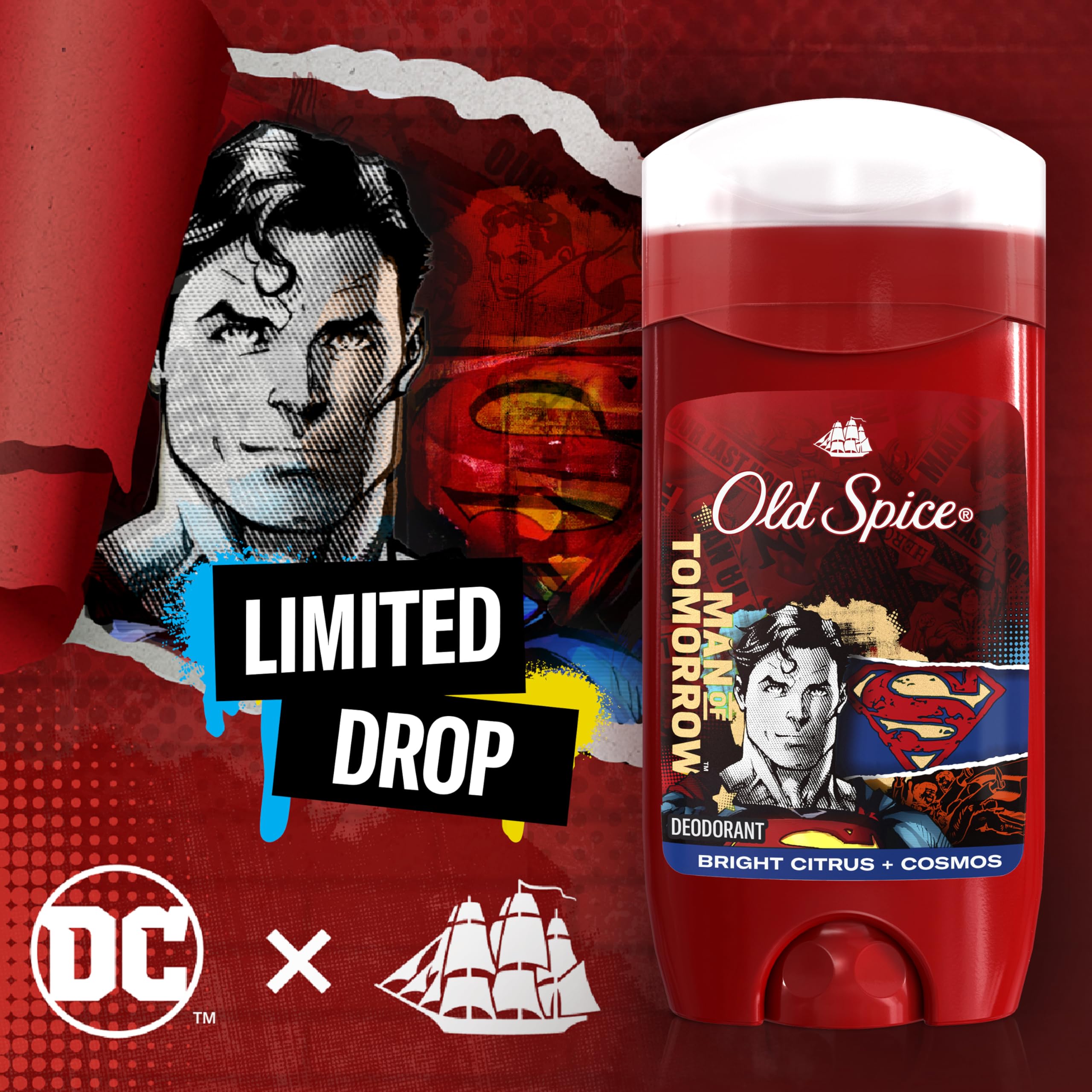 Old Spice Superman formule sans aluminium – application sèche et légère.