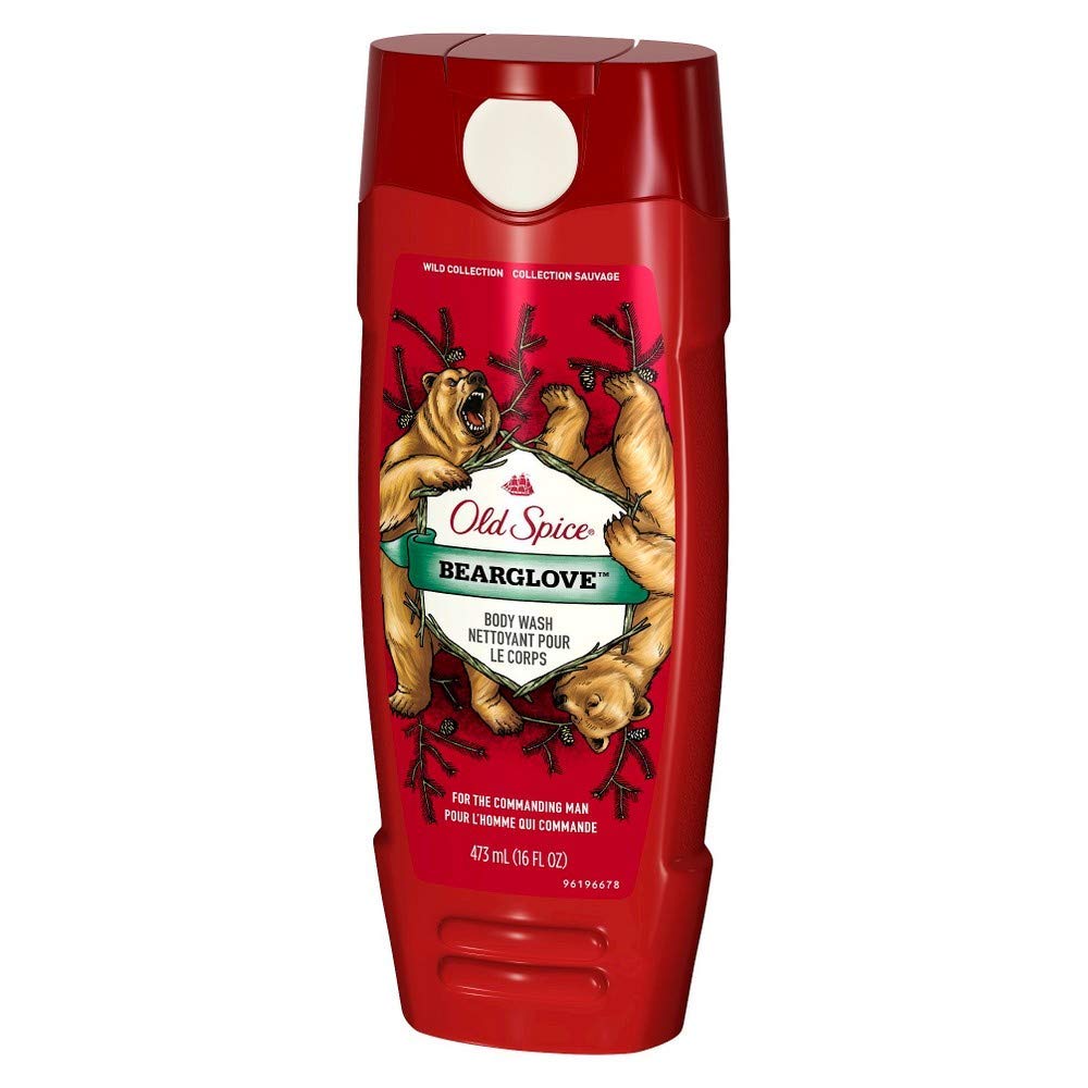 Old Spice Bearglove gel douche, bouteille rouge prête à offrir fraîcheur durable.