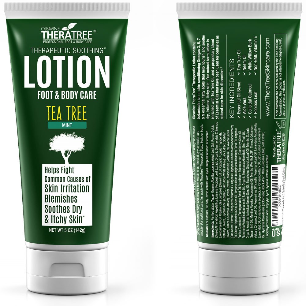 Oleavine Tea Tree Lotion ingredients label showing natural oils and extracts