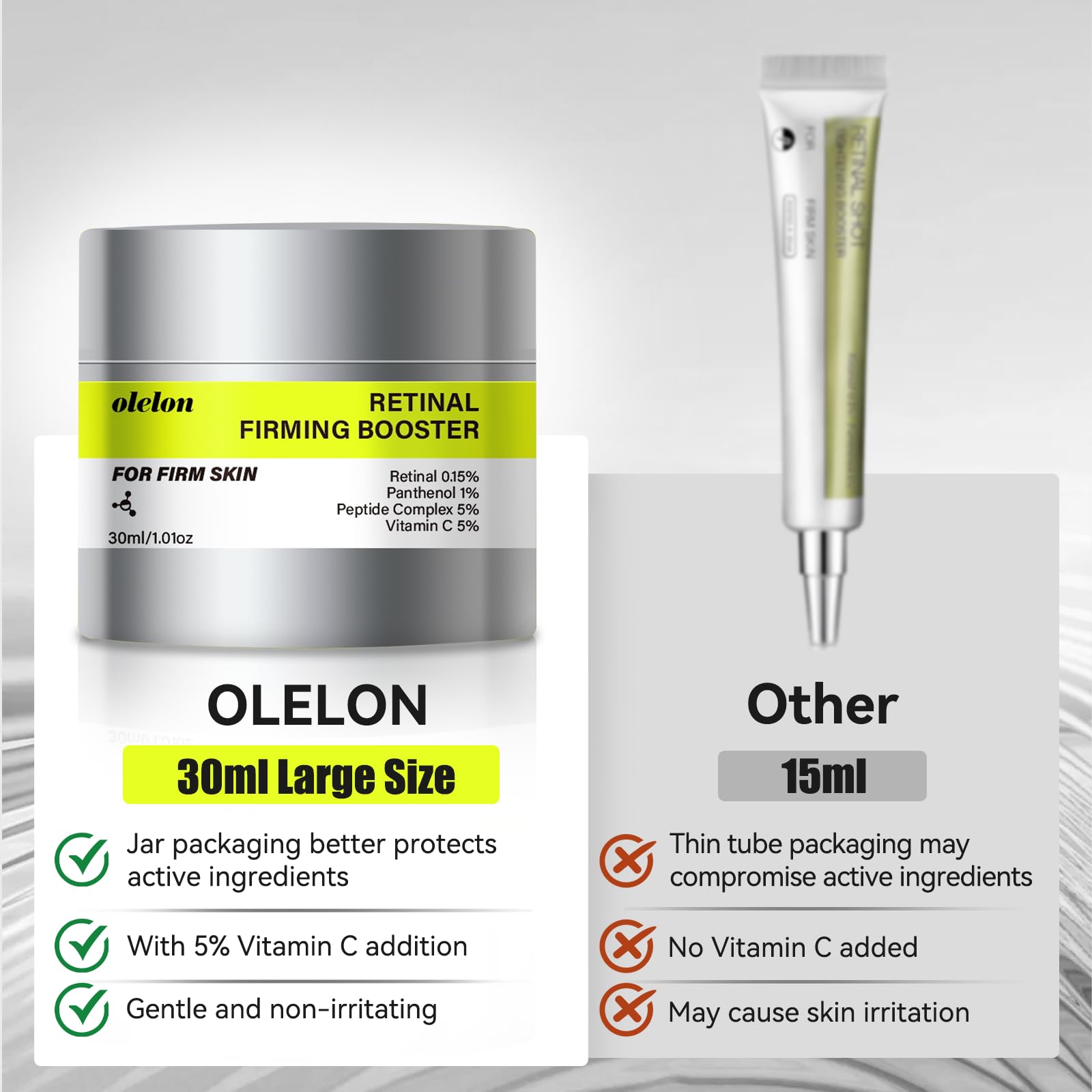 OLELON Retinal Shot – Texture crème visible, promesse d'une peau lisse et satinée.