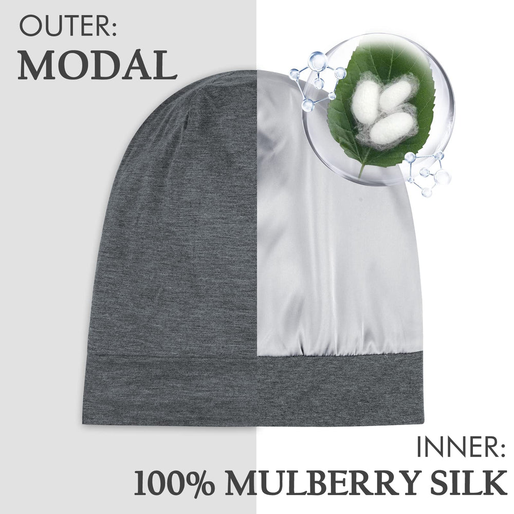 OLESILK bonnet soie Mulberry gris perle, détail couture et texture lisse.