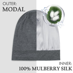 OLESILK bonnet soie Mulberry gris perle, détail couture et texture lisse.