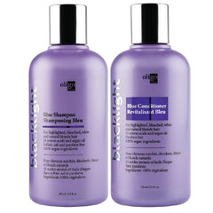 Shampooing Blacklight d’Oligo Professionnel, bouteille bleue, élimine les tons chauds et ravive les reflets blond.