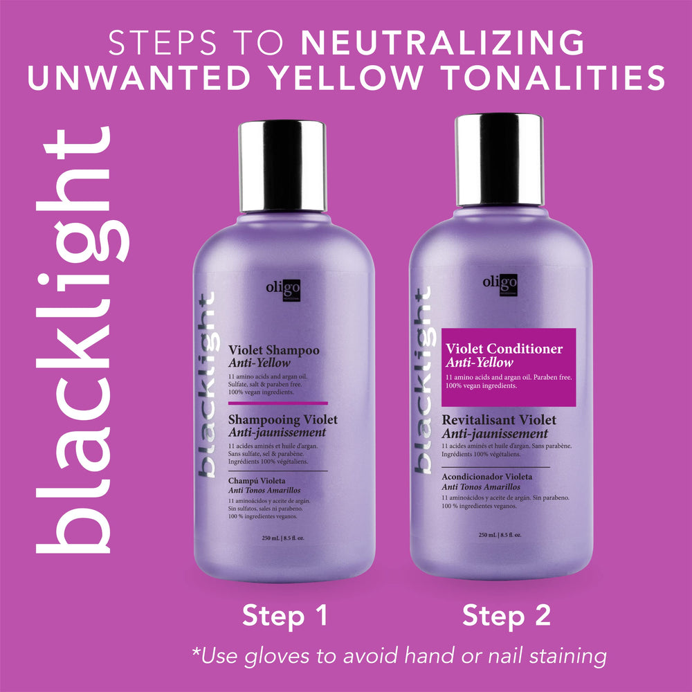 Neutralisation des reflets jaunes sur cheveux blonds avec Blacklight Violet.