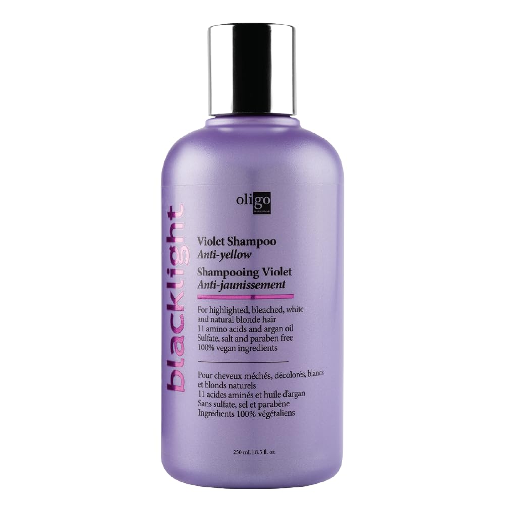 Bouteille Oligo Professionnel Blacklight Violet Shampoo, neutralise les reflets jaunes.
