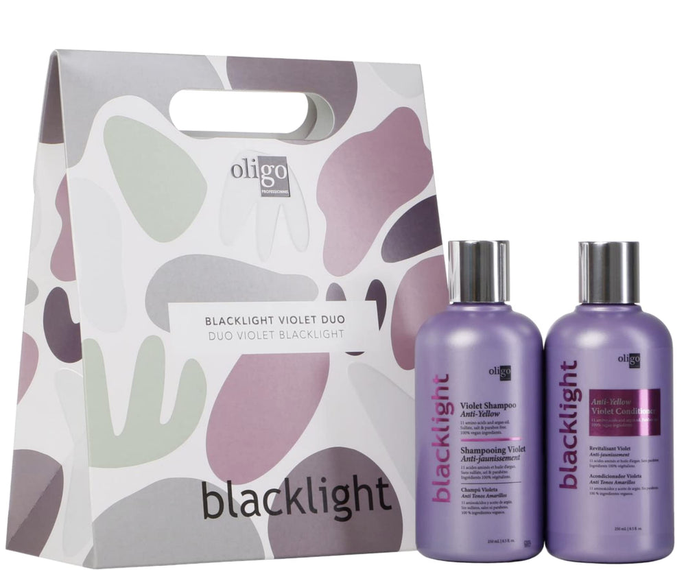 Duo OLIGO Blacklight Violet neutralise les tons jaunes et ravive les reflets blond naturel.