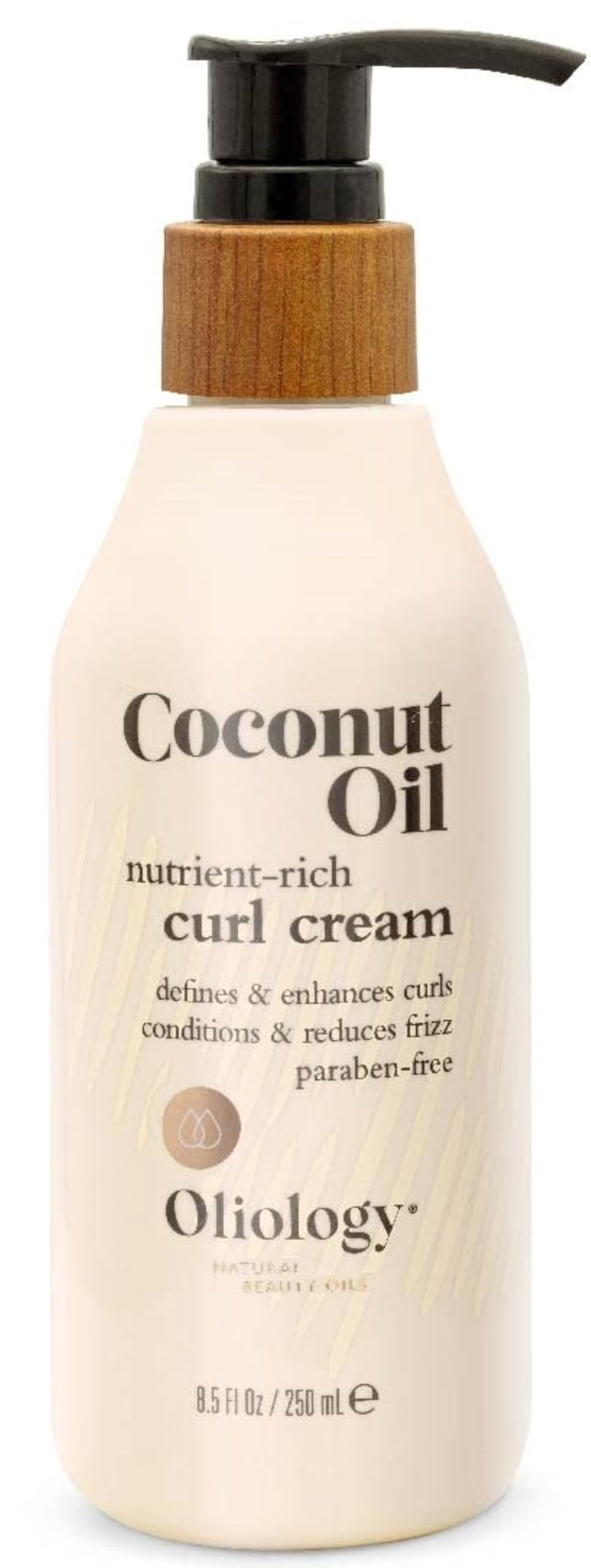 Oliology Crème Curl Huile Coco – bouteille montrant texture onctueuse et boucles définies.